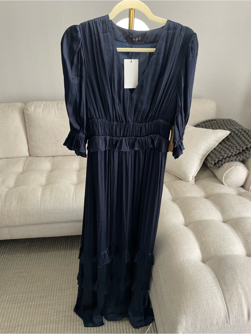 O.P.T Ruched Ruffled Tiered 3/4 Sleeve V-Neck Satin Maxi Dress Navy Blue